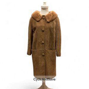 Mink Fur Collared Tan Suede Coat - Stylish Winter Outerwear Size 10 S/M